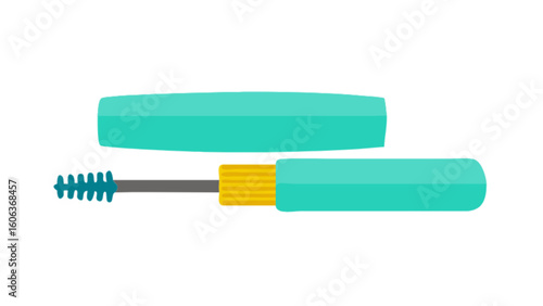 Illustration of a turquoise mascara tube with a yellow and gray applicator and its cap lying nearby
