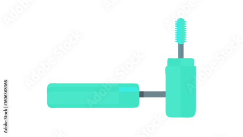 Illustration of a teal mascara tube with applicator brush on a white background in a flat style