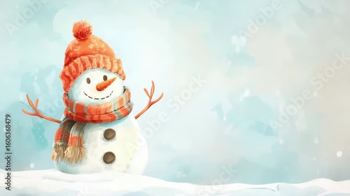 A colorful and whimsical snowman dressed in a cozy knitted hat and scarf stands against a picturesque snowy landscape, perfect for winter holiday decorations and video.