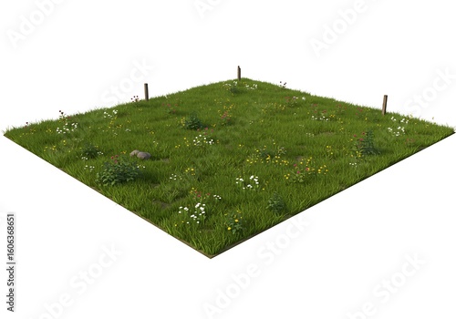 An isometric view of a grassy patch with wildflowers and wooden posts on a white background plain
