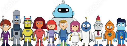 Vector art of a diverse group of friendly cartoon robots and people standing together in a line isolated on transparent background.