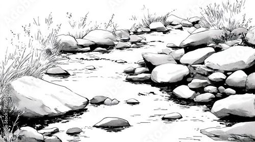 Black and white illustration showing a gentle stream flowing through rocks and grassy banks