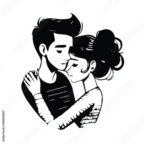 Young couple embracing tenderly in a simple, black and white illustration. Affectionate pose against a plain white background.