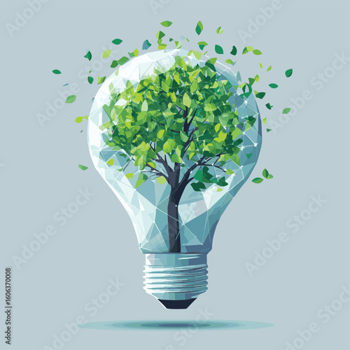 Light Bulb lamp saving energy ecology concept. Polygonal light blue tree inside electricity green energy power banner vector illustration, vector style simple color