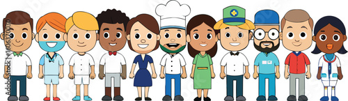 Vector art of a diverse group of cartoon professionals including doctors, chefs, and teachers isolated on transparent background.