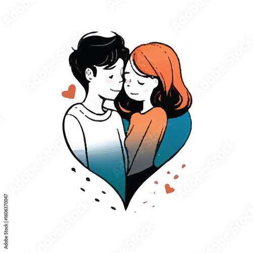 Young couple embracing warmly in a heart-shaped design. Affectionate pose within a romantic graphic illustration.