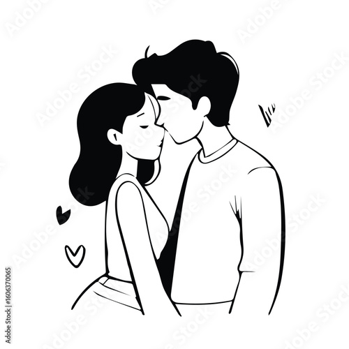 Young couple kissing, dressed casually in simple attire, embracing tenderly in a romantic setting. Affectionate couple tenderly sharing a loving moment in a stylized graphic illustration.