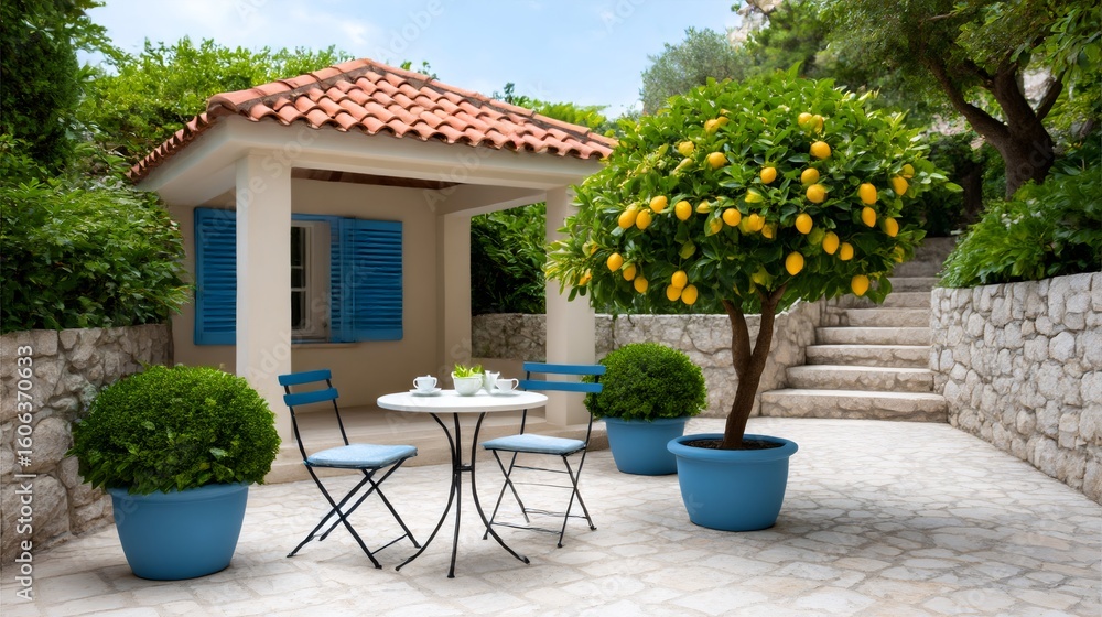 Fototapeta premium Lemon tree growing in pot decorating terrace of mediterranean house
