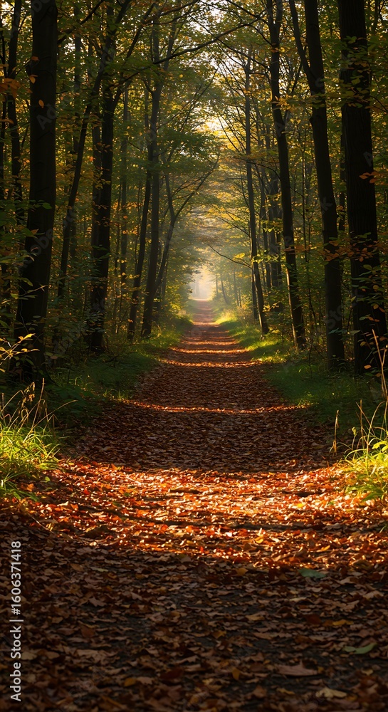 Fototapeta premium Walking Path Through Forest with Autumn Leaves and Sunlight