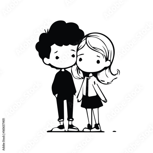 Cute cartoon couple in casual wear standing close together. Friendly interaction, likely in an outdoor setting, or casual social event.