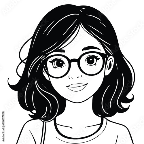 Young girl with short dark hair wearing glasses, smiling happily in a casual setting. Student or artist, in a casual setting. digital illustration.