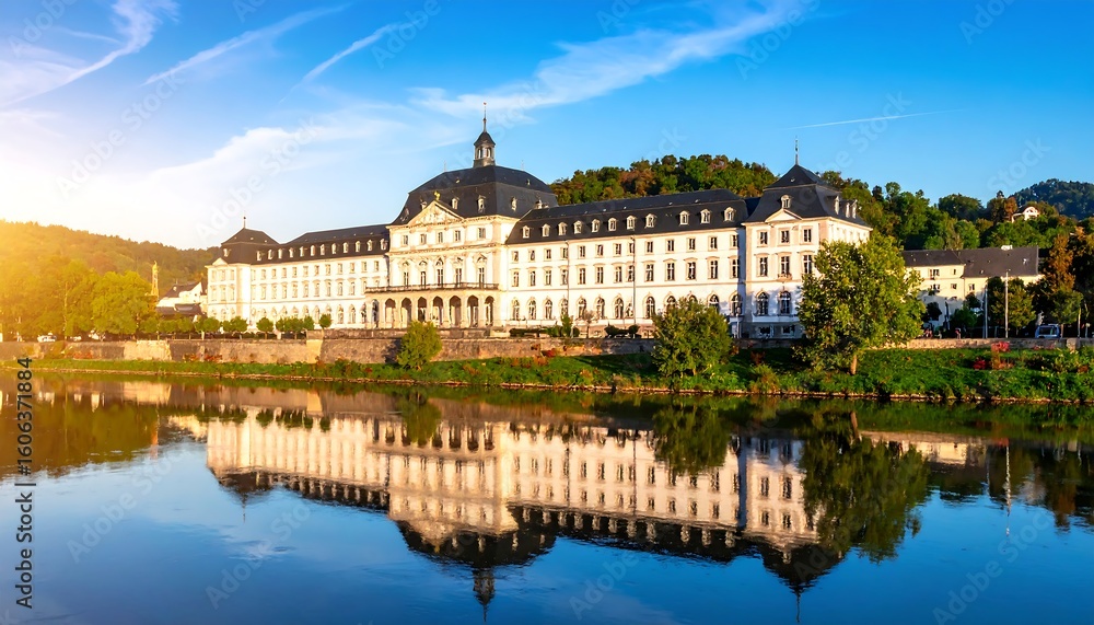 Fototapeta premium Historic building by river at dawn