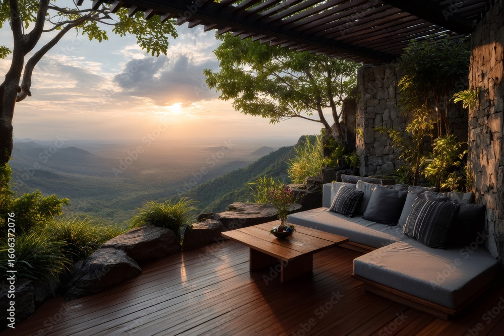 Luxury patio overlooking beautiful sunset over mountains and valley Luxury patio overlooking beautiful sunset over mountains and valley