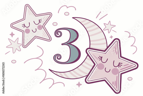 Cute illustrated number three with sleeping stars and a moon for birthdays or nursery decor designs in a pastel aesthetic