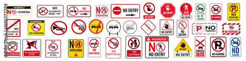 No parking, No Entry, No Overtaking, No Honking vector icon set. No overtaking road sign vector illustration.  Red prohibition sign, no honking sign. Editable Stroke.