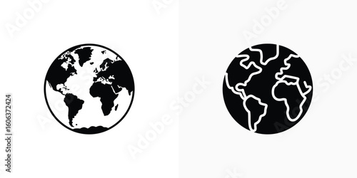 Earth Globe Icon Set on Transparent Background, Continents Design