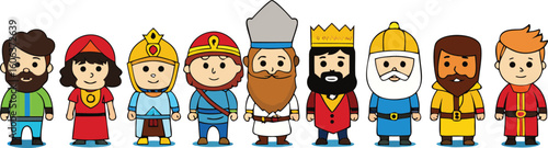 Vector art of a group of diverse, cute cartoon kings with colorful outfits and crowns isolated on transparent background.