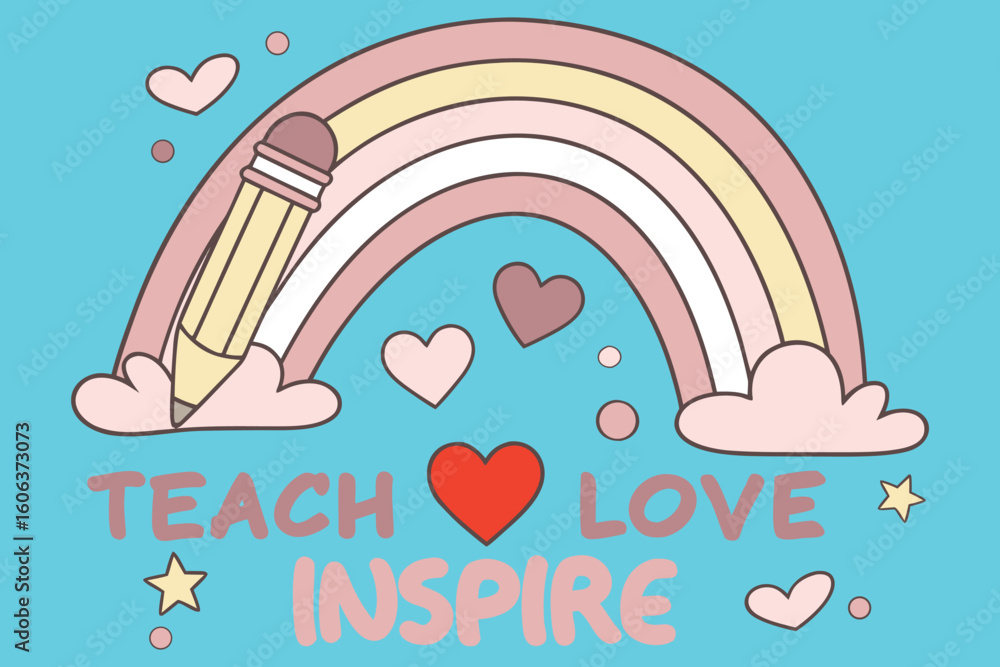 Fototapeta premium Cute Teacher Appreciation Illustration with Rainbow Pencil and Hearts on Blue Background