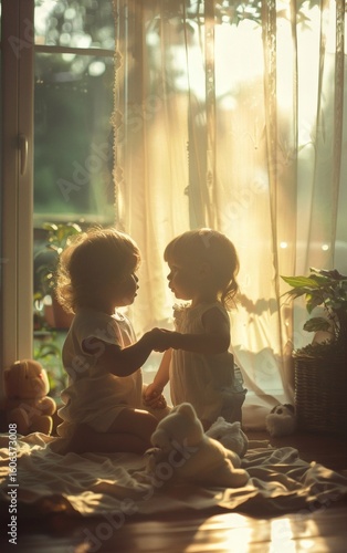 In the room, two children are playing