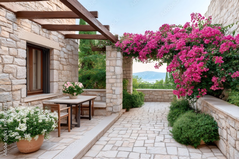 Fototapeta premium Bougainvillea decorating luxury terrace of mediterranean villa