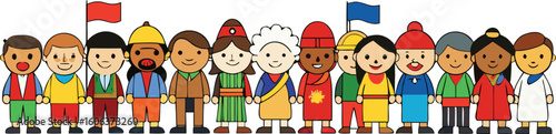 Vector art of a diverse group of children in traditional clothing from around the world stand together isolated on transparent background.