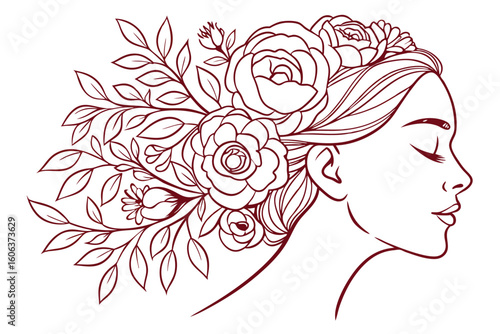 A delicate line art illustration of a woman's profile adorned with elegant floral hair pieces and leafy branches