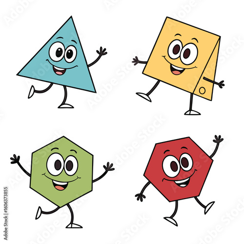 Cheerful geometric shapes with facial expressions and limbs representing basic forms in education and children's design