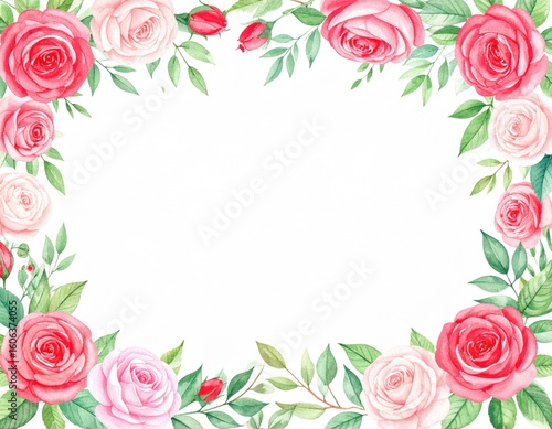 Watercolor Roses Frame Delicate Pink and Red Floral Border with Green Leaves.