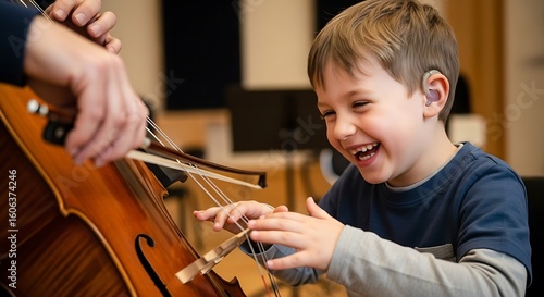 A young boy with a hearing aid is joyfully learning to play the cello with the assistance of an instructor.