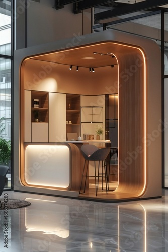 The streamlined booth is presented with smooth lines, creating a warm and soft atmosphere with a gentle background