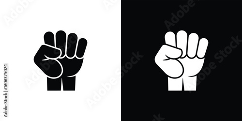 Raised Clenched Fist Hand Gesture in Black and White with Transparent Background