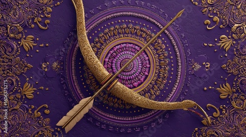 Purple background with golden bow and arrow indian art design intricate details and patterns ornate