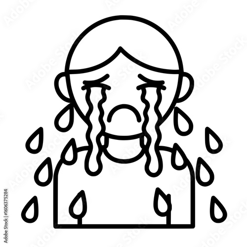 Crying Girl with Big Tears Emotion Icon in Doodle Black and White Style