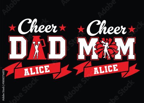 Cheer Mom Cheer Dad vector design for t-shirt customization created in Illustrator for senior cheer family support and game day spirit gear.