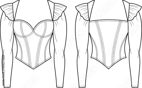 Stylish corset top flat sketch with long sleeves and pleated ruffle straps, technical fashion CAD drawing front and back