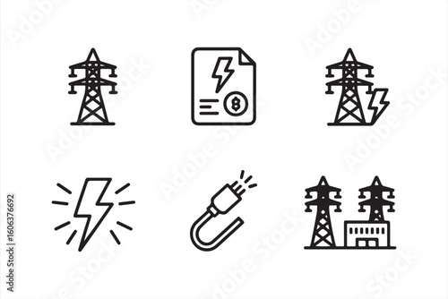 Set of Electricity, Power Tower, and Energy Utility Icons