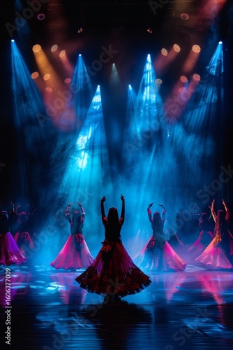 On a quaint stage, dancers adorned in traditional attire move gracefully to the music