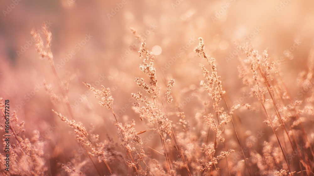 Obraz premium Soft Golden Grass Blades Bathed in Warm Light at Sunrise