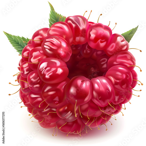 A detailed illustration of a ripe raspberry with green leaves