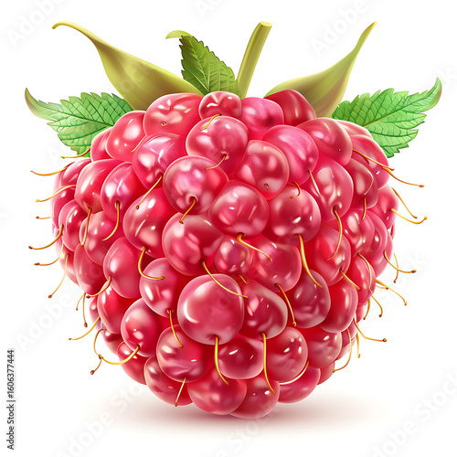 Fresh Raspberry with Green Leaves Isolated on White Background
