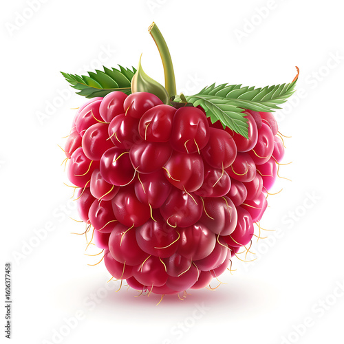 Fresh Raspberry with Green Leaves Isolated on White Background