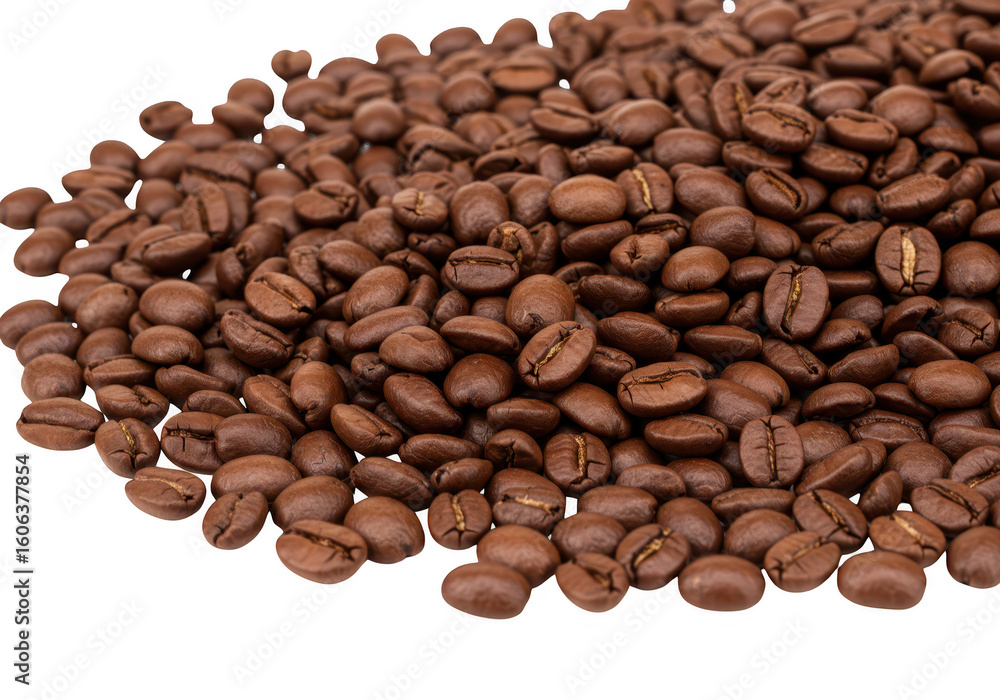 Naklejka premium A pile of roasted coffee beans scattered on a transparent background