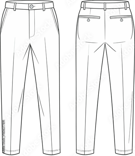 Men’s formal pants flat sketch front and back view, tailored trousers CAD drawing for fashion design and garment industry