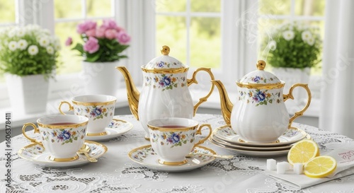 Wallpaper Mural Elegant Porcelain Tea Set with Gold Accents and Lemon Slices by a Sunny Window Torontodigital.ca
