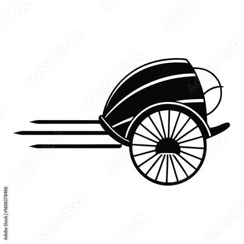 Full Black Silhouette of Rickshaw Puller Pulling Rickshaw in Motion Flat Vector