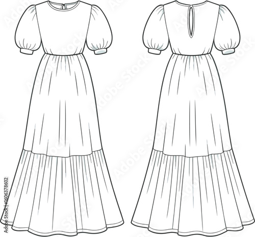 Puff sleeve tiered maxi dress flat sketch with back keyhole, front and back CAD fashion illustration for women's wear