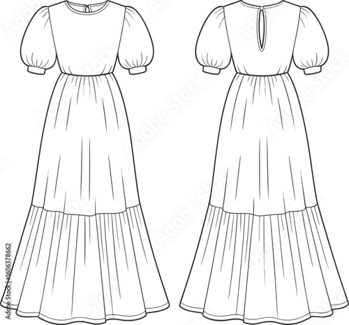 Puff sleeve maxi dress fashion flat sketch with keyhole back, front and back tiered design CAD for women’s wear