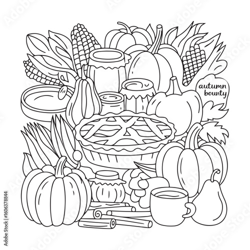 Hand Drawn Autumn Harvest Coloring Page Featuring Pumpkins, Corn, Pie, Pear, Jars, Cinnamon Sticks, and Cozy Fall Elements – Perfect Seasonal Design for Kids and Adults