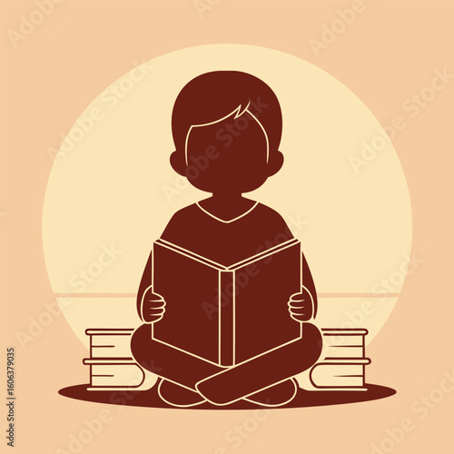 Silhouette of Child Sitting on Floor with Open Picture Book Vector