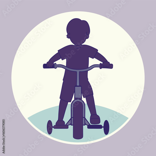 Silhouette of Child Trying to Ride Tricycle Front or Side View Vector